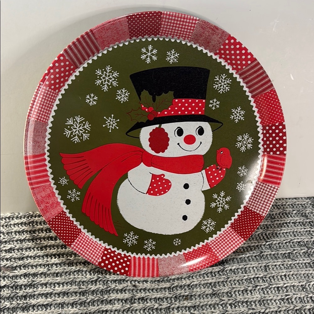 Vintage Hallmark 14” metal tray Sandy Retro Snowman Snowflakes Christmas Holiday